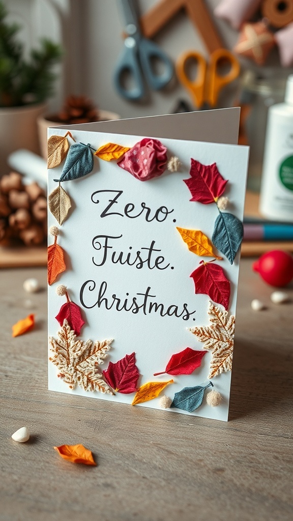 Eco-friendly Christmas card made from recycled materials with fabric scraps and dried leaves.